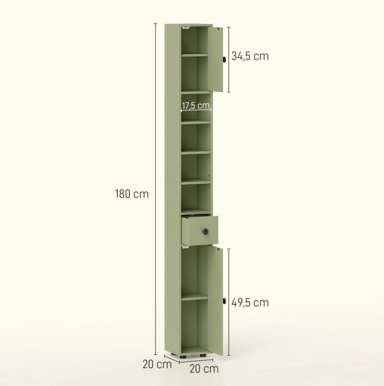 Mobile bagno stretto verde con cassetto e 4 ripiani aperti 20x20x180 cm