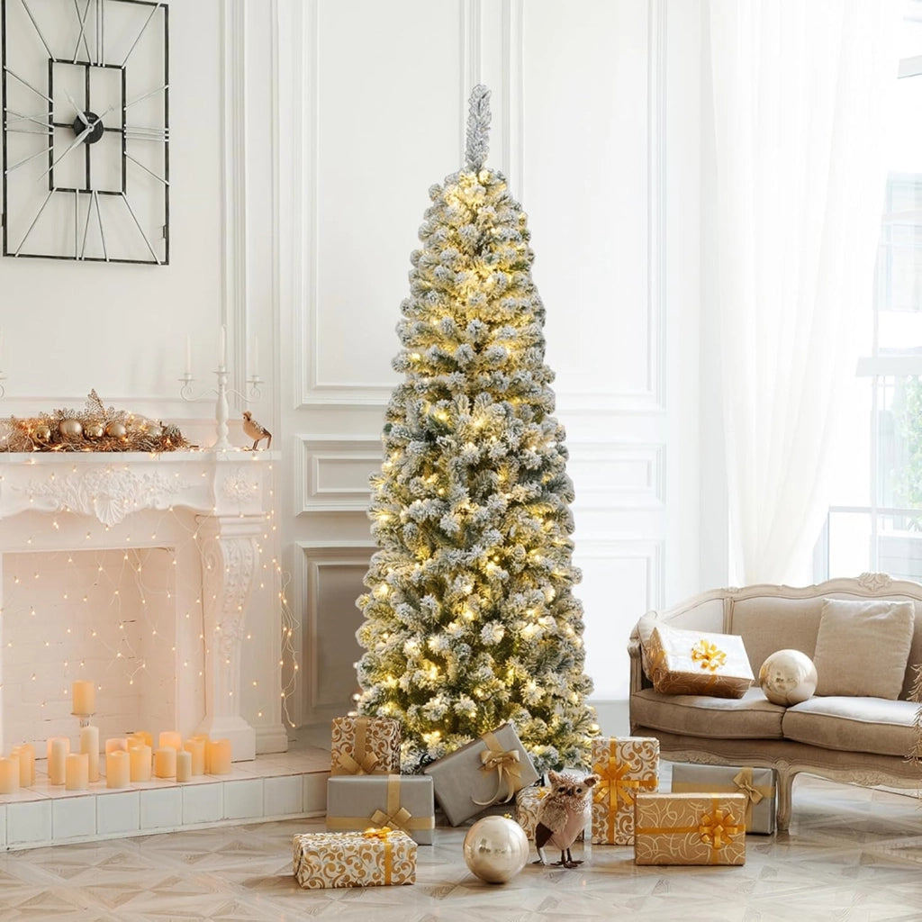 Albero di Natale Slim 135/180/225 cm, Albero di Natale Innevato con 150/250/350 Luci LED, 242/500/641 Rami e Base di Metallo, Decorazione Natalizia per Casa e Negozio (180 CM)