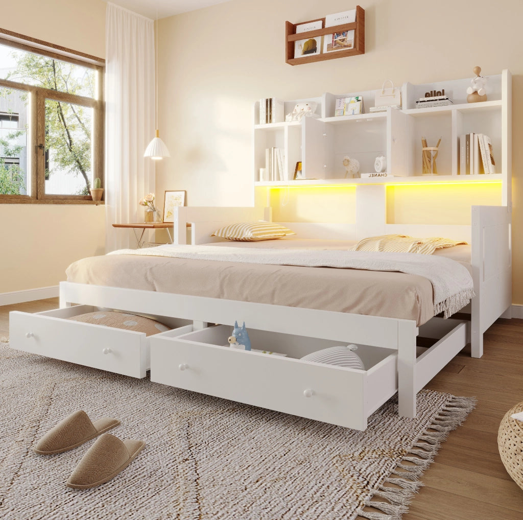 Divano letto estraibile in legno 90x190 cm; con cassetti; vani contenitore e LED; bianco