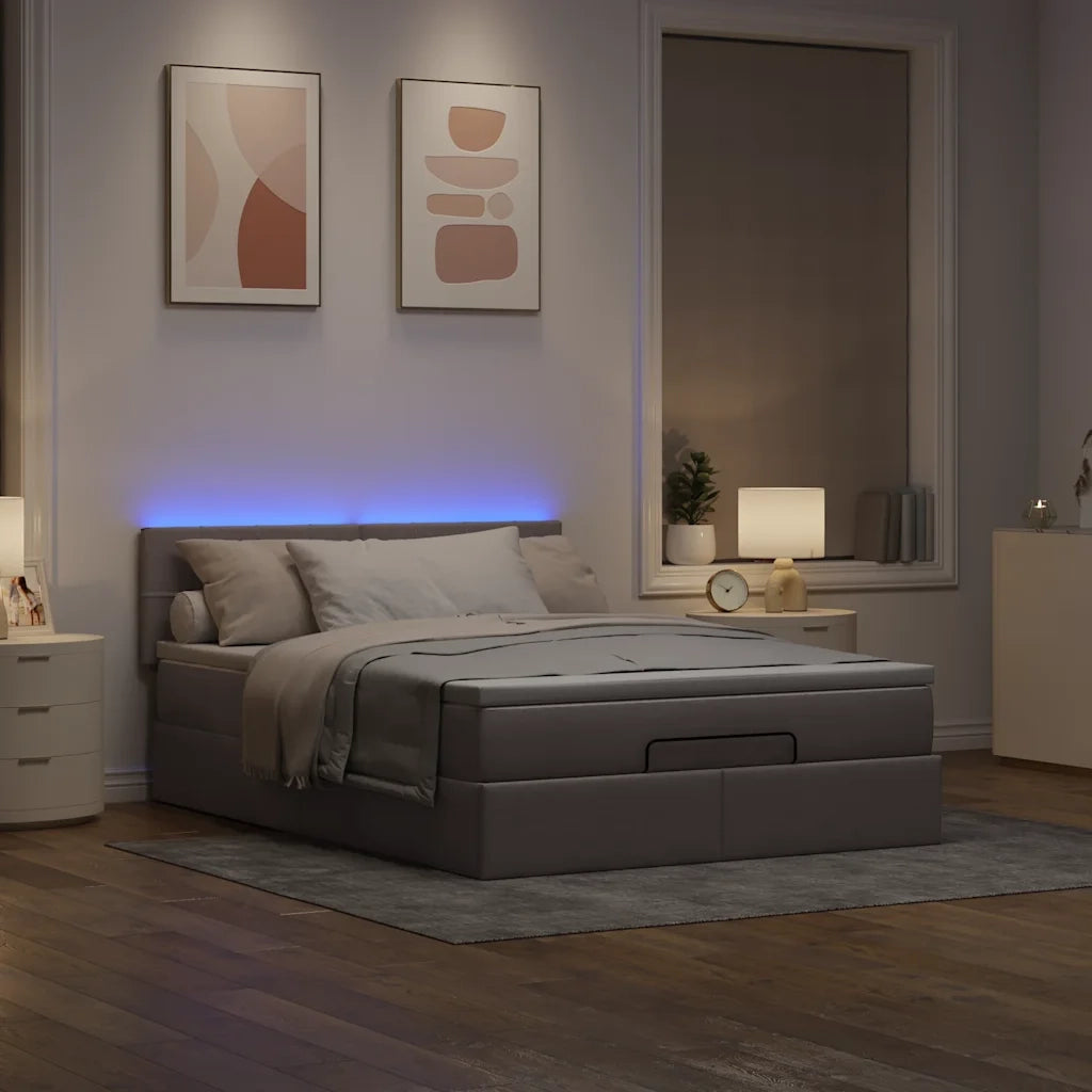 Pouf Letto con Materasso e LED Tortora 140x200 cm in Tessuto