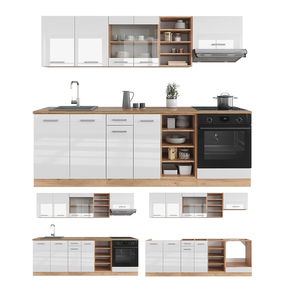 Cucina componibile R-Line Bianco lucido/Rovere dorato 240 cm senza piano di lavoro Vicco