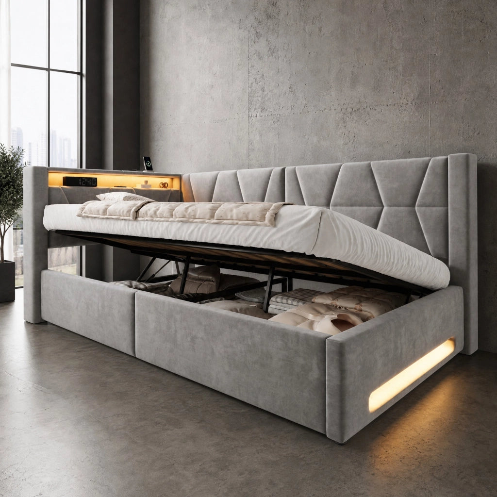 Letto Contenitore Letto Singolo 90x200 cm; USB; Type-C; LED; in Velluto; Grigio Scuro