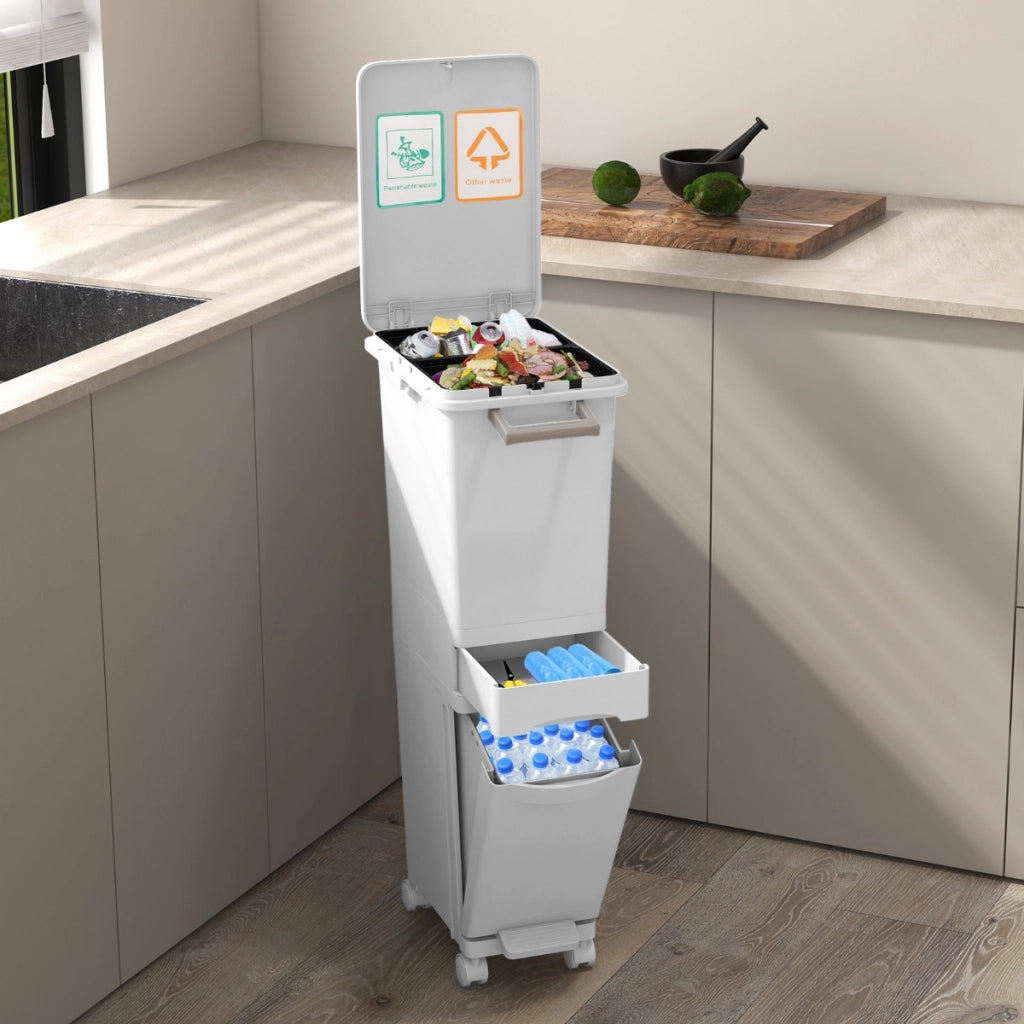 Pattumiera 3 in 1con 2 cassetti 2 scomparti superiori e adesivi per la classificazione-Cestino per rifiuti a pedale 40x26x84cm Bianco