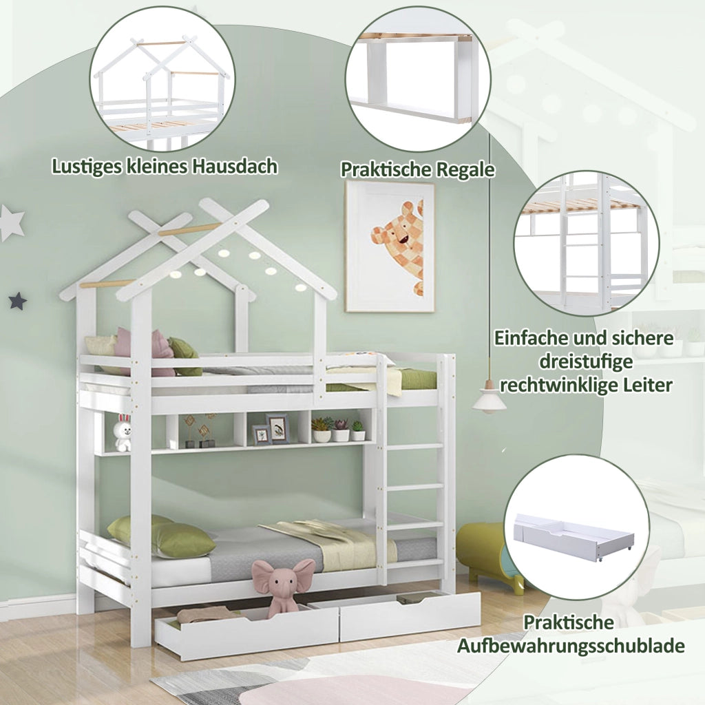 Letto a castello 90 × 200 cm con cassetti, ripiani e scala dritta, senza materasso, in legno, bianco
