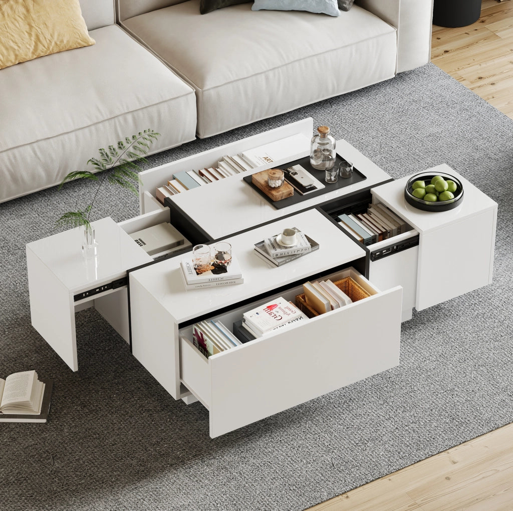 Tavolino da salotto moderno bianco e nero con 4 cassetti e piano lucido