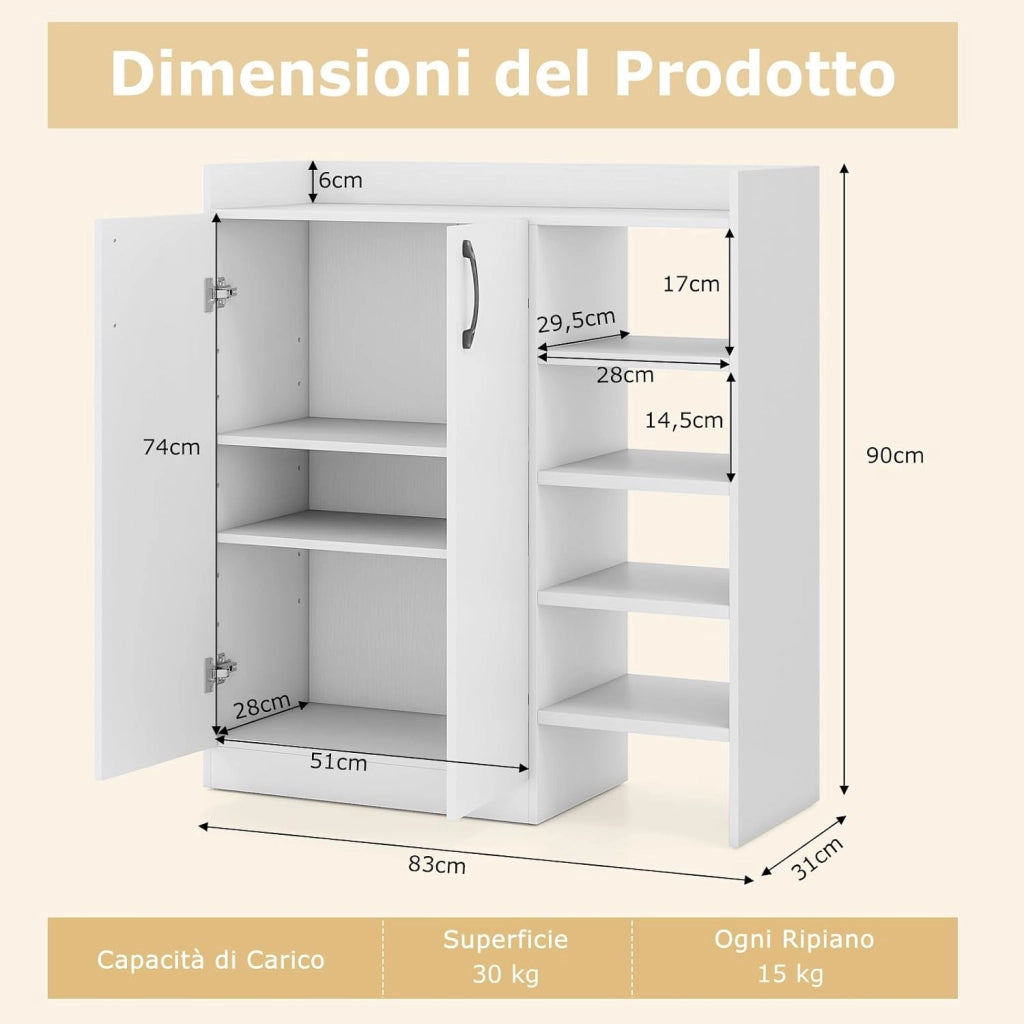 Armadio Porta Scarpe, Scarpiera con Ripiani Regolabili a 3 Posizioni, Mobiletto Multifunzionale a 2 Ante con 5 Scomparti Aperti, per Ingresso, Corridoio, Soggiorno, 83 x 31 x 91 cm (Bianco)