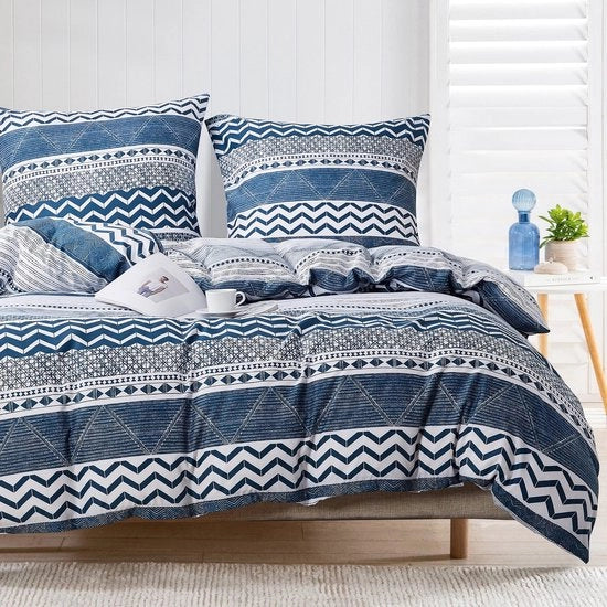 Set di lenzuola geometriche a righe blu e bianche in microfibra 200x220 cm