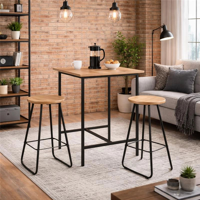 SET TAVOLO E 2 SGABELLI IN METALLO CON TOP E SEDUTE IN LEGNO NATURALE TAVOLO 60 X 60 X 100 CM, SGABELLI 30 X 64 CM