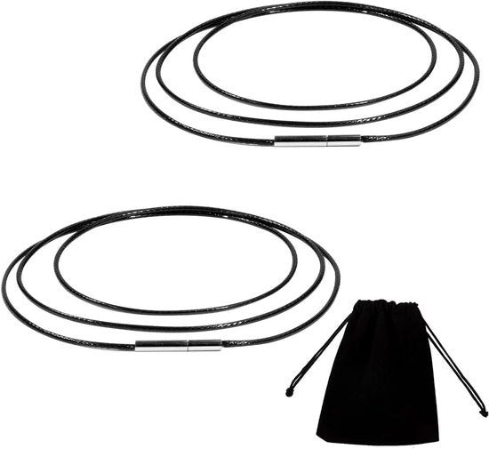 Cinturino in pelle di alta qualità, nero, con chiusura in acciaio inossidabile, 2 pezzi, per uomini e donne, con cordoncino di seta, taschino in velluto, 2 mm di larghezza