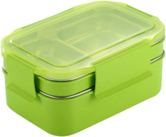 Lunchbox Stacking, Grande Doppia Cappa con Compartimenti, Contenitore per Cibo in Acciaio Inossidabile, Ideale per Lavoro, Viaggi e Campeggio (Verde, 1,35 litri)