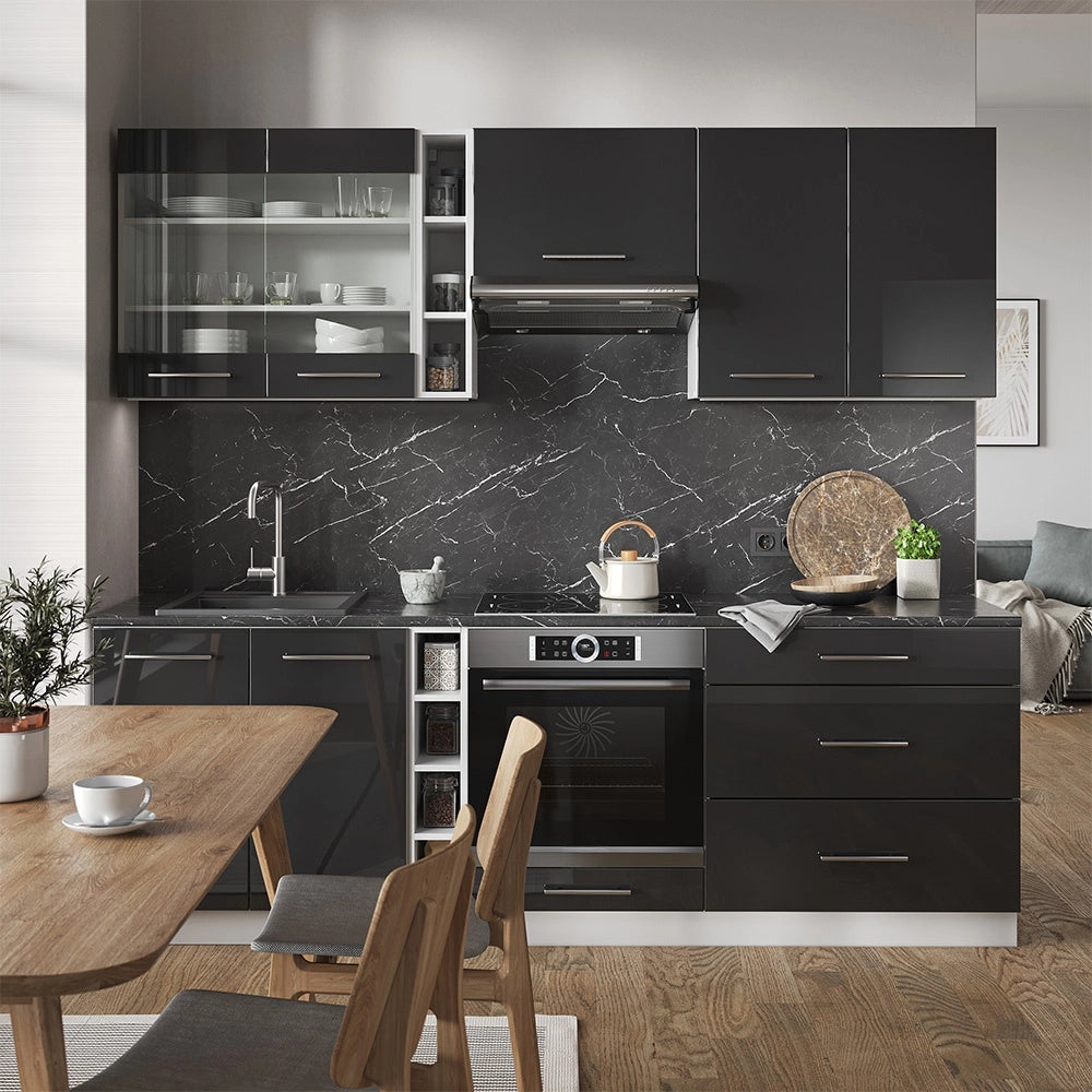 Cucina componibile Fame-Line Antracite lucido/Bianco 235 cm, PL Marmo Vicco
