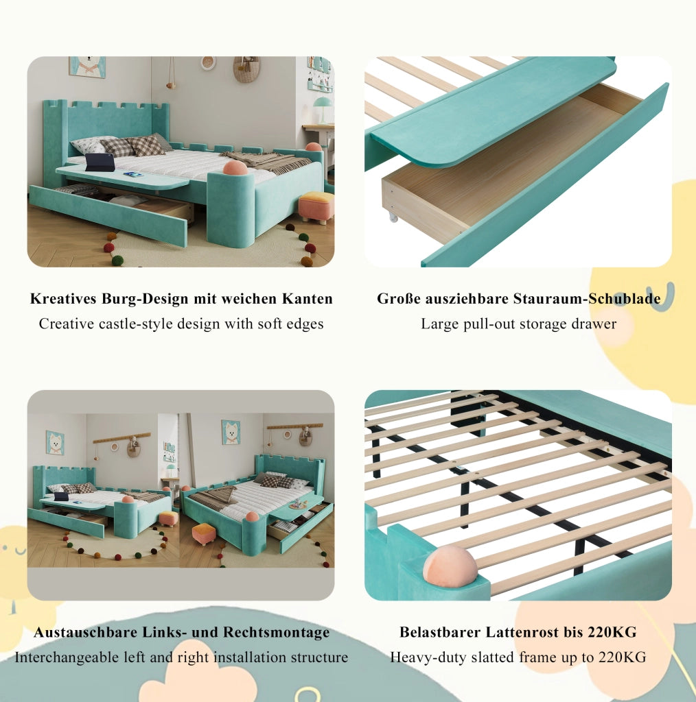 Letto imbottito per bambini 140x200 cm con cassetto, blu-verde