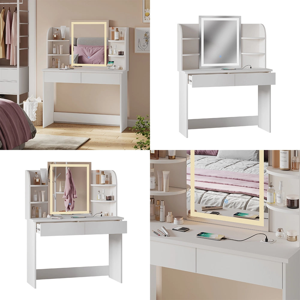 Vicco Tavolo da toeletta Bianco 106 cm con specchio a LED e stazione di ricarica QI