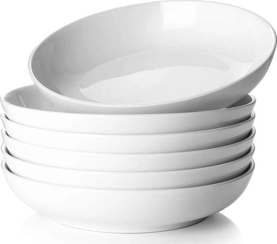 Bowl per Ramen in Porcellana - Grande Bollito Bianco - Adatto per Microonde e Lavastoviglie - Set da 6 - 880 ml