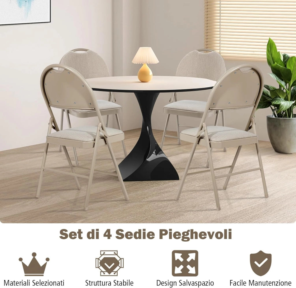 Set di 4 Sedie Pieghevoli, Sedie da Pranzo con Seduta Imbottita e Schienale Rivestito in Tessuto, con Gambe in Metallo, Sedia Portatile per Soggioro, Ufficio, Portata 120 kg (Beige)