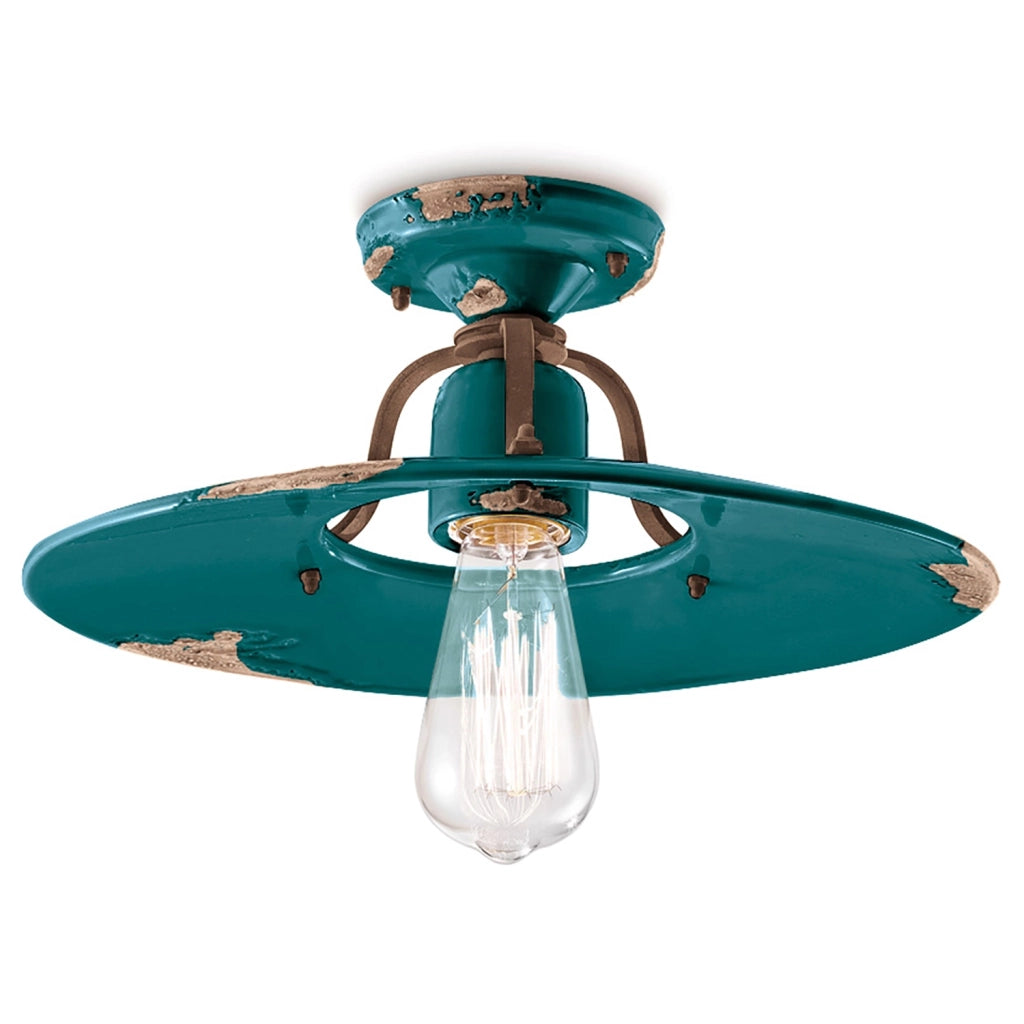 Plafoniera Vintage Country Ferro E Ceramica Verde 1 Luce E27