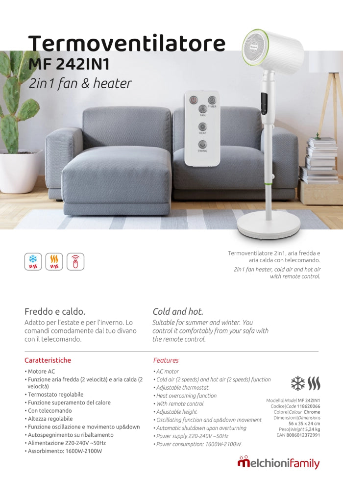 Melchioni Family Termoventilatore da Terra con Telecomando Funzione di Oscillazione e Up&Down Regolabile Ventilazione e Riscaldamento Colore Bianco