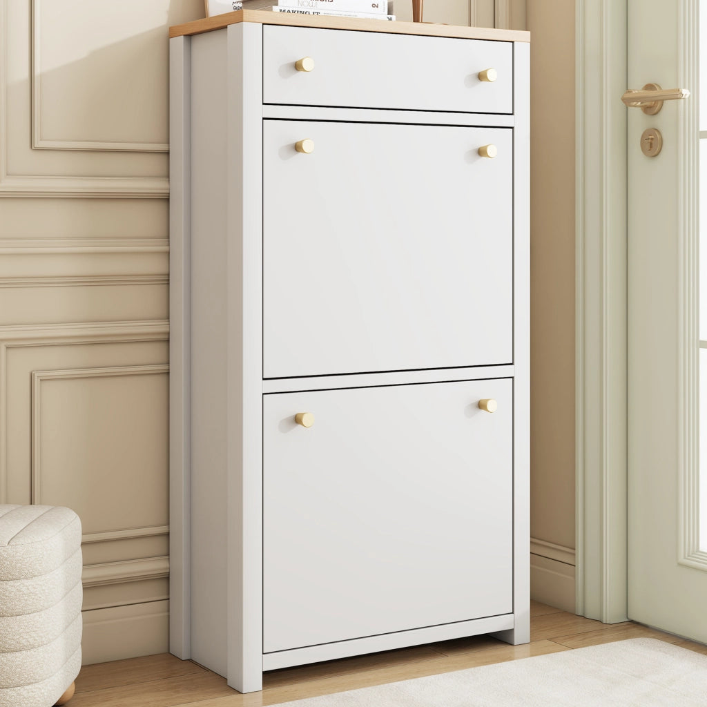 Scarpiera slim con 2 ante a ribalta, cassetto e ripiani regolabili, per ingresso, in MDF, bianco effetto legno, 50 × 25 × 95 cm