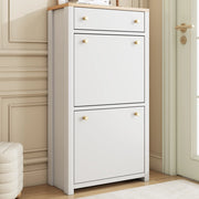 Scarpiera slim con 2 ante a ribalta, cassetto e ripiani regolabili, per ingresso, in MDF, bianco effetto legno, 50 × 25 × 95 cm