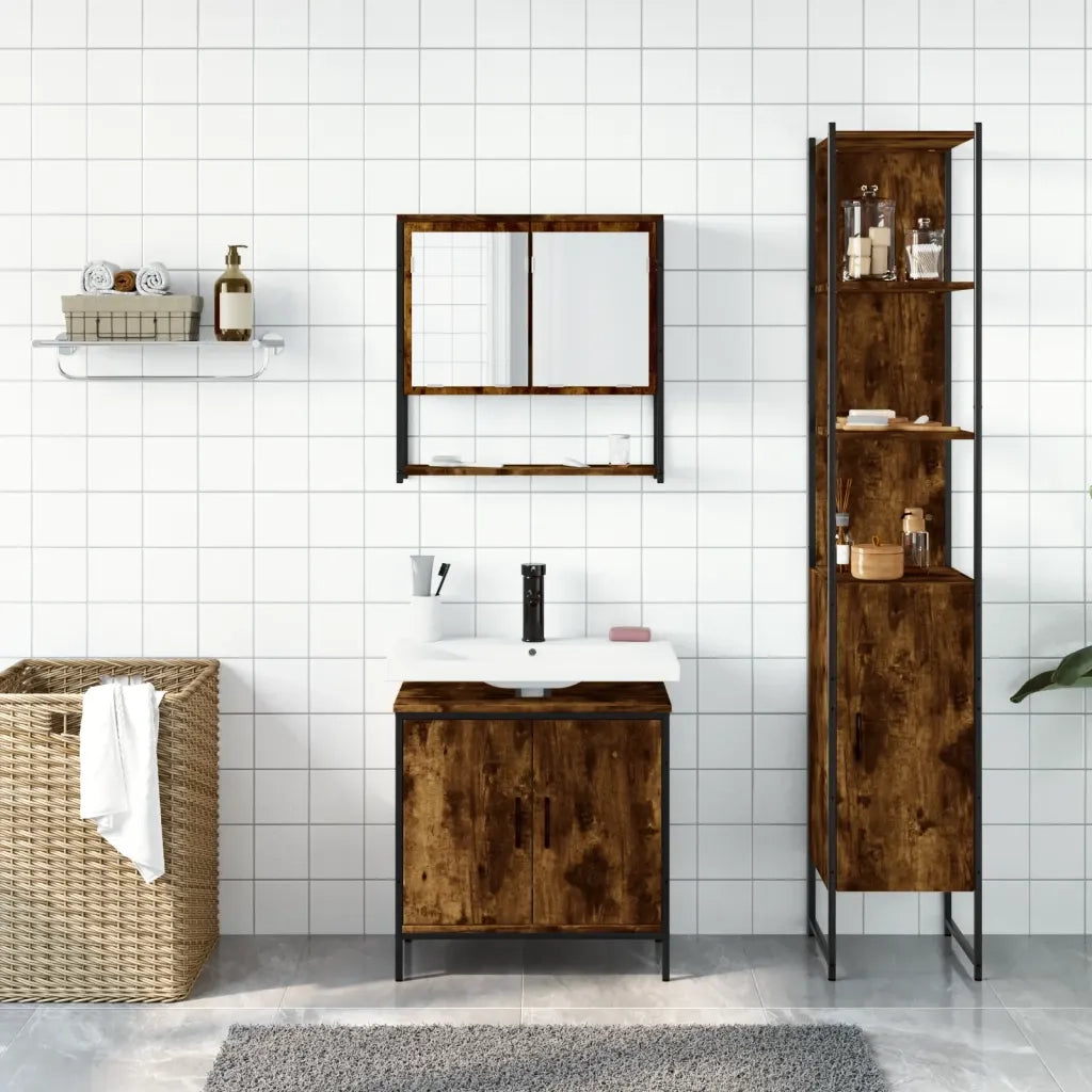 Set Mobili da Bagno | Armadio da bagno 3 pz Rovere Fumo in Legno Multistrato