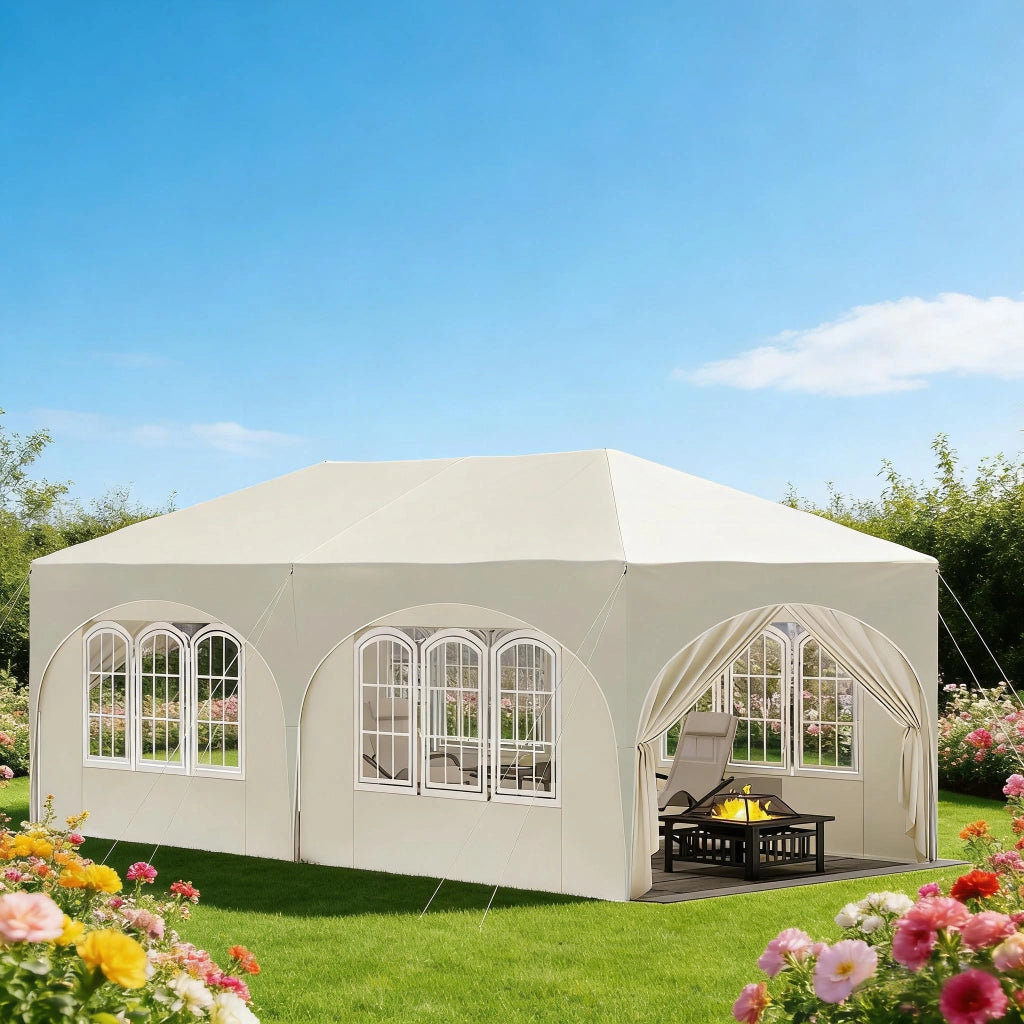 Gazebo pieghevole 3x6 m con 6 pareti laterali, altezza regolabile, tessuto Oxford 210D, beige