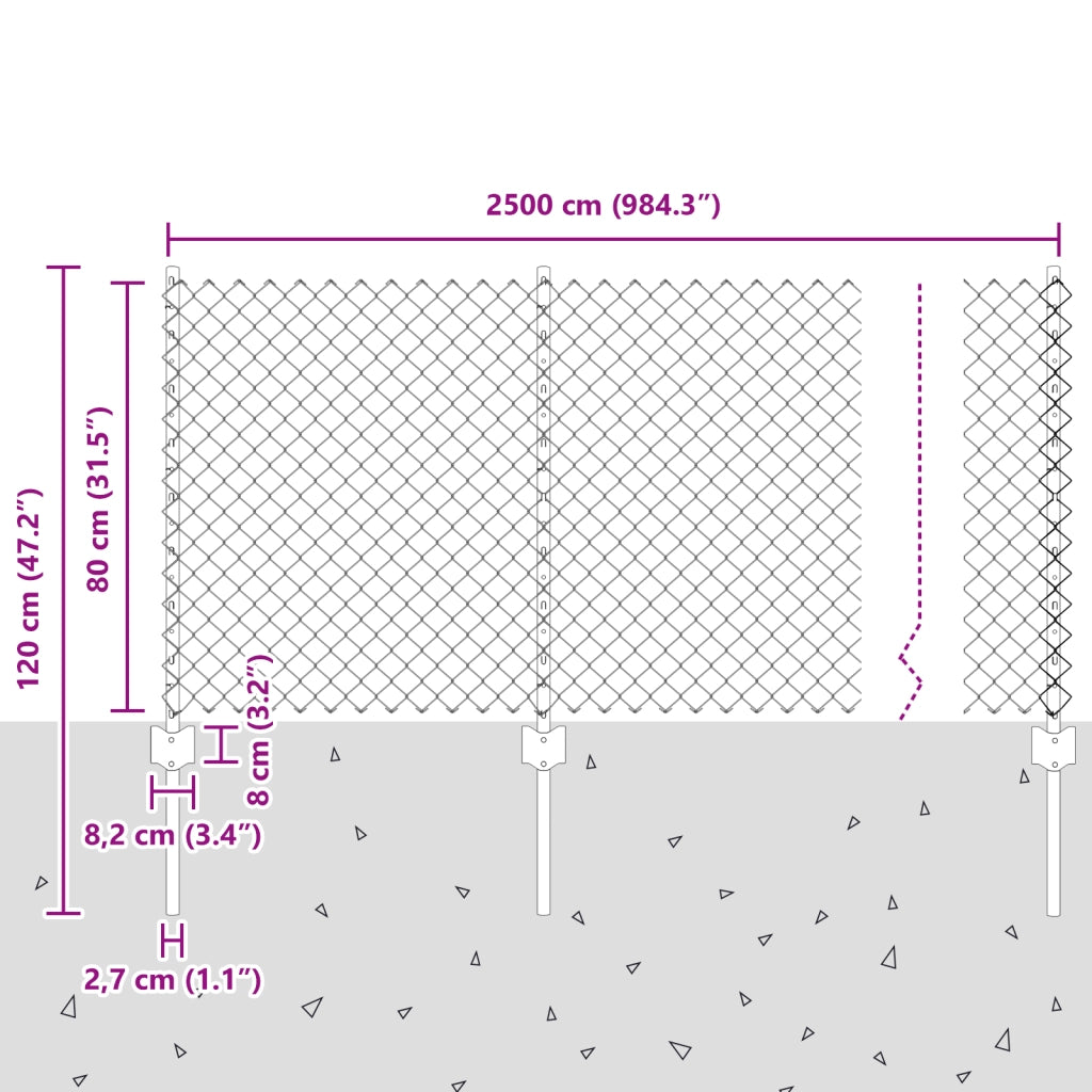 Recinzione a Maglie con 22 Pali in Argento 0,8x25 m Acciaio
