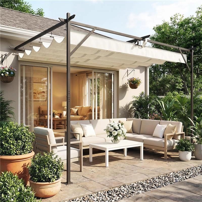 GAZEBO PERGOLA ADDOSSATA 3X4 M CON TETTO RETRATTILE SCORREVOLE E FORI DI DRENAGGIO, BIANCO CREMA