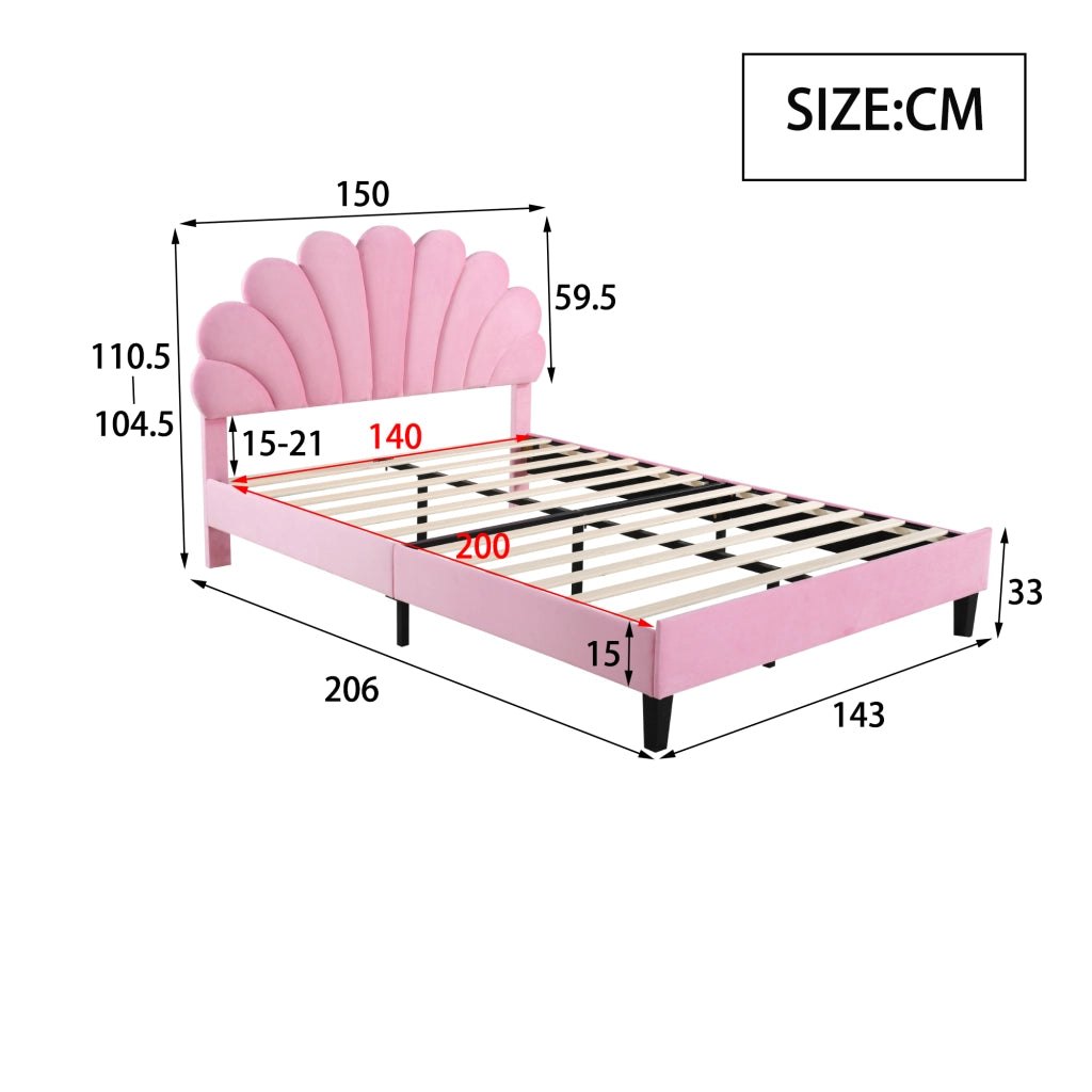 OKWISH Letto Imbottito 140×200 cm, Letto Matrimoniale con Testiera a Fiore e 12 Doghe Rinforzate, senza Materasso, Rosa