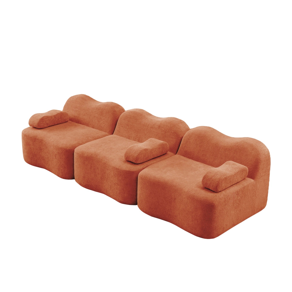 Sofa modulare senza braccioli in velluto arancione, seduta profonda, senza montaggio, 288×98×70 cm