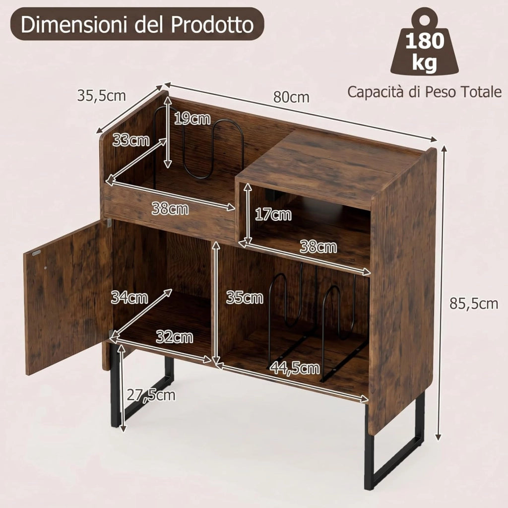 Mobile Giradischi con Stazione di Ricarica, Supporto Porta Vinili e Dischi, Tavolino con Armadietto e Scomparti Aperti, Stile Vintage, in Legno e Metallo, 80 x 35,5 x 85,5 cm