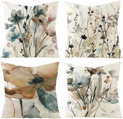 Set di 4 copricuscini 45x45 cm, con motivi di fiori selvatici, foglie e disegno geometrico, copricuscini decorativi in lino, con fiori e aquarello, per la camera da letto.