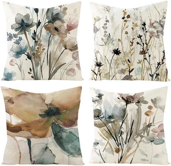 Set di 4 copricuscini 45x45 cm, con motivi di fiori selvatici, foglie e disegno geometrico, copricuscini decorativi in lino, con fiori e aquarello, per la camera da letto.