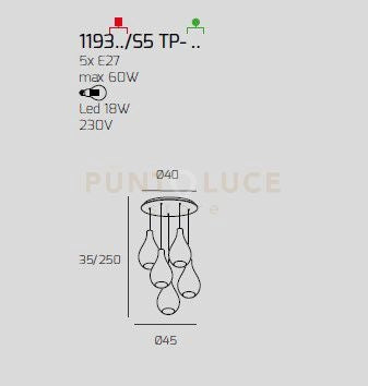 SOSP. CROMO 5 LUCI TONDA VETRI PICCOLI (3 BRONZO+2 AMBRA) 1193CR-S5 TP-AB