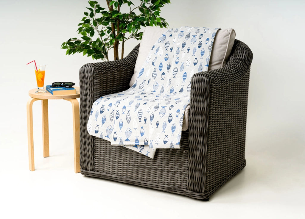 Telo Arredo Granfoulard Copritutto Cotone Made Italy Vari Disegni Arredatutto Copriletto Multiuso - 2 Piazze - Pesci Azzurro