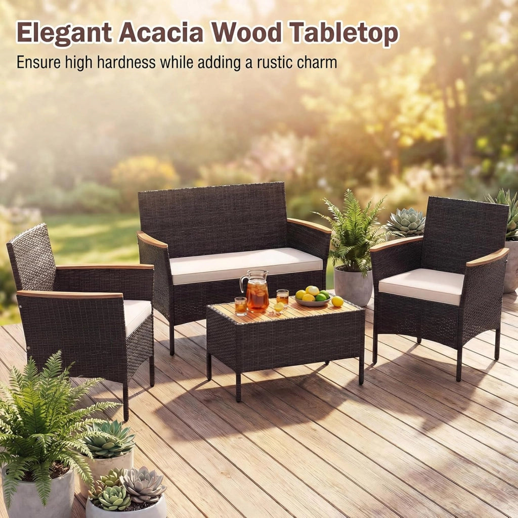 Salotto da Giardino Esterno 4 Pezzi, Set Giardino Esterno in Rattan con 1 Tavolino, 2 Poltrone e 1 Divano 2 Posti, Set Mobili da Patio con Cuscini Morbidi per Patio, Balcone e Piscina
