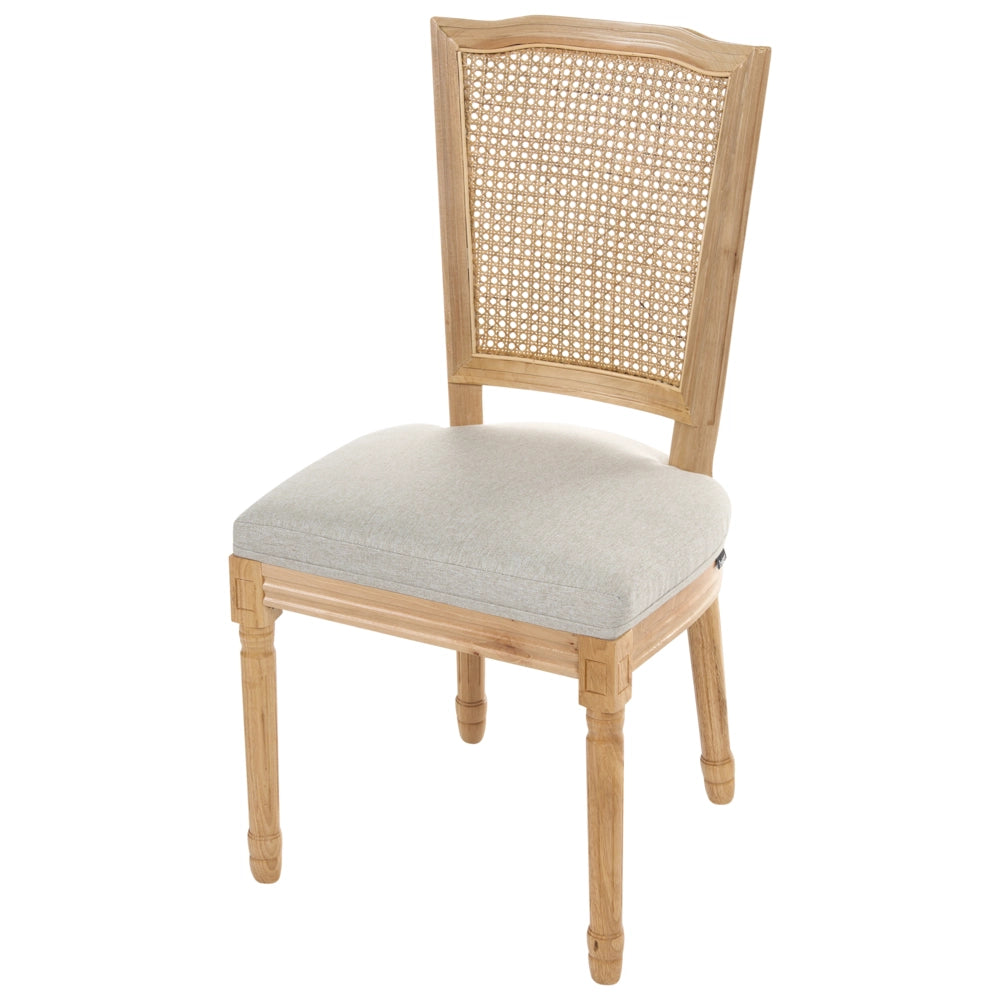 Set di 2 sedie da pranzo con struttura in legno e rivestimento in tessuto marrone chiaro e beige, in stile country francese vintage con intreccio viennese