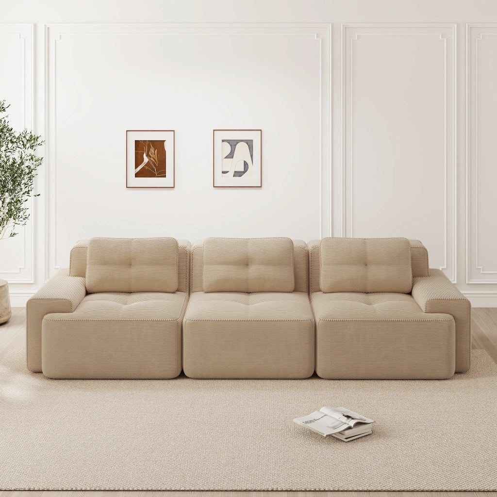 Divano modulare 3 posti; seduta profonda 74 cm; base antiscivolo; in velluto a coste beige