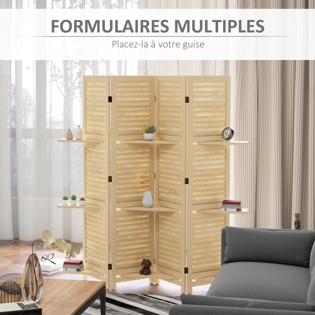 Paravento con 4 pannelli e 3 mensole ¨C zephmum ¨C legno naturale 160x170 cm