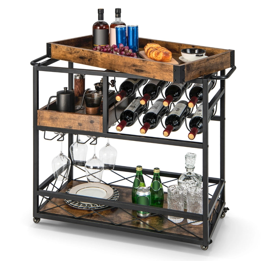 Carrello bar con vassoio rimovibile portabottiglie porta calici e ruote, Carrello cucina a 3 livelli Marrone-Portabottiglie