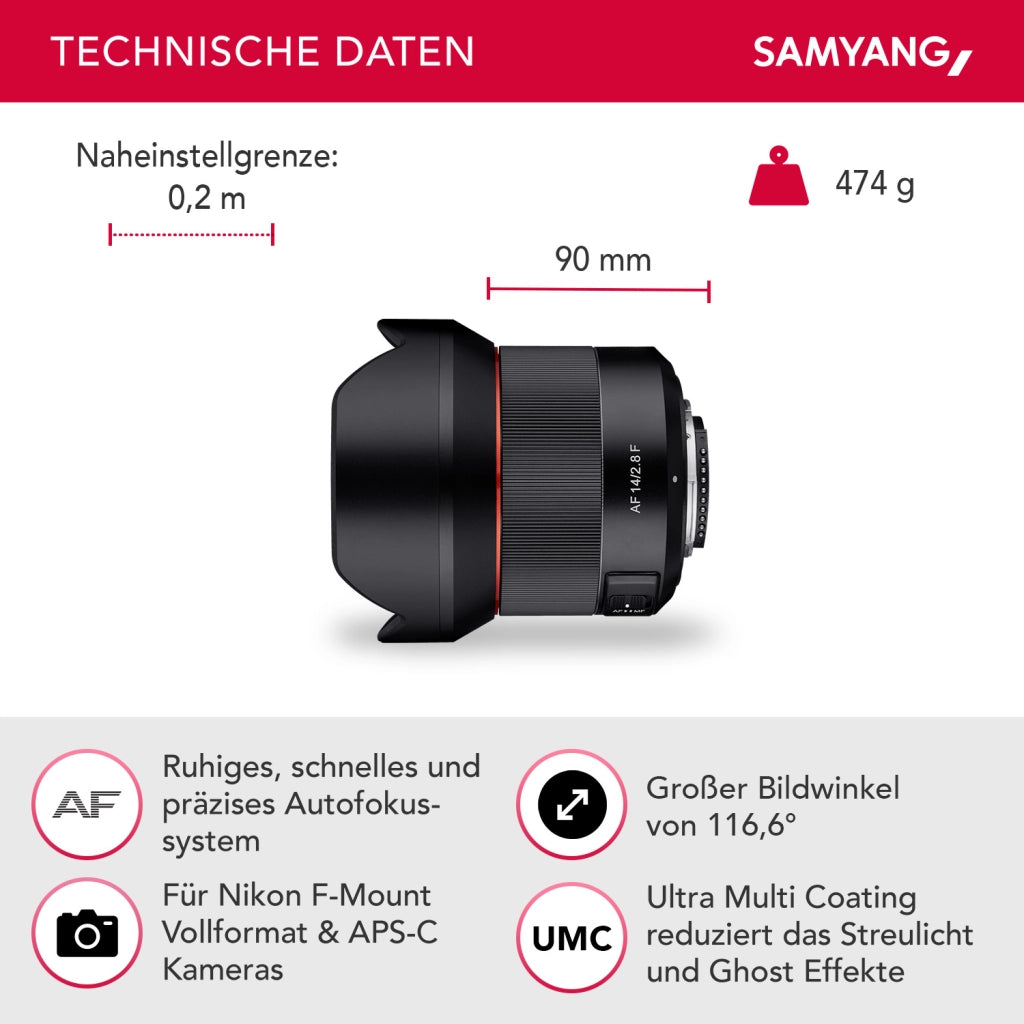 Obiettivo ultra grandangolare AF 14mm F2,8 per Nikon F– angolo di campo 116,6° e autofocus – Grandangolo full-frame per fotocamere APS-C