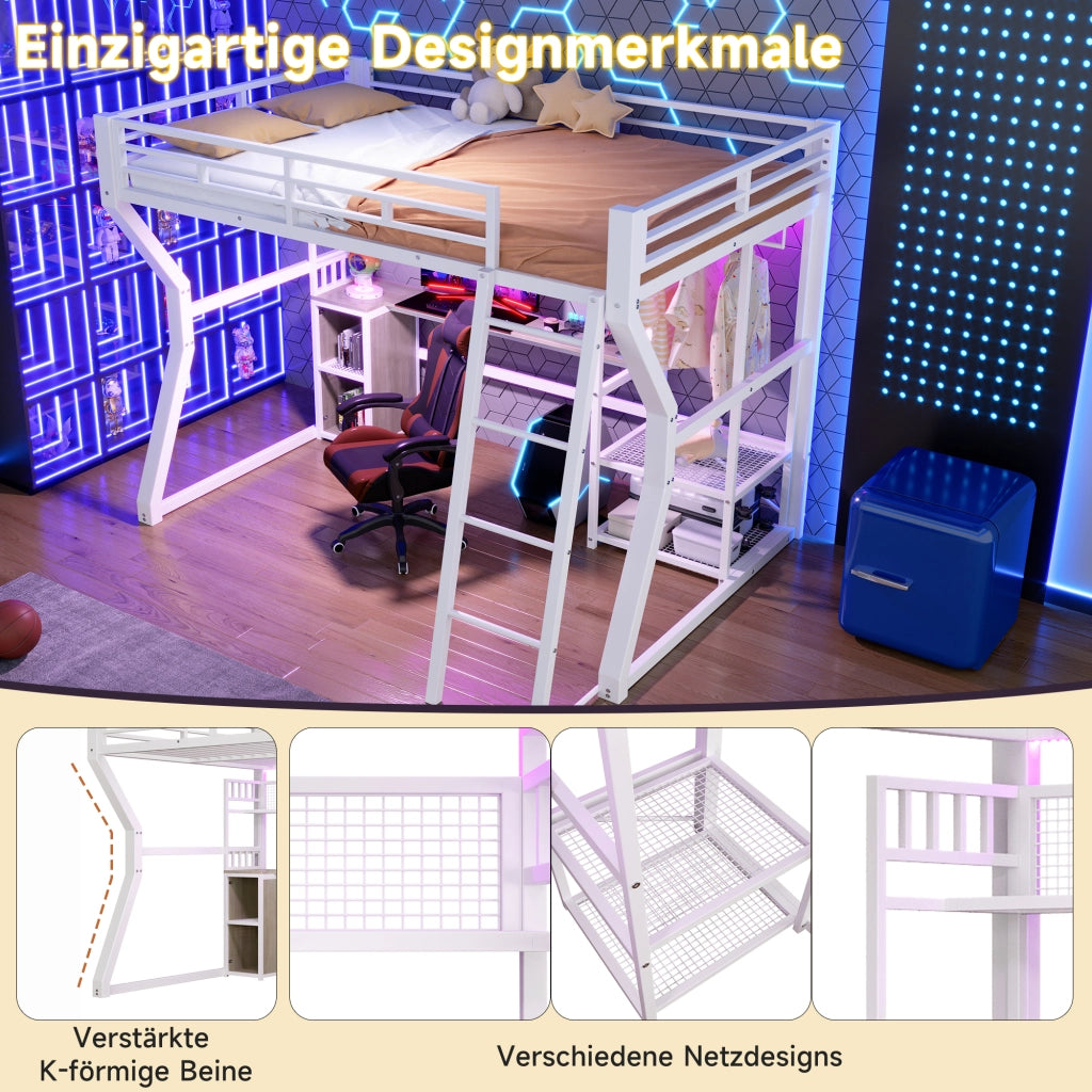 Letto a soppalco in metallo con scrivania e LED, 140x200 cm, bianco