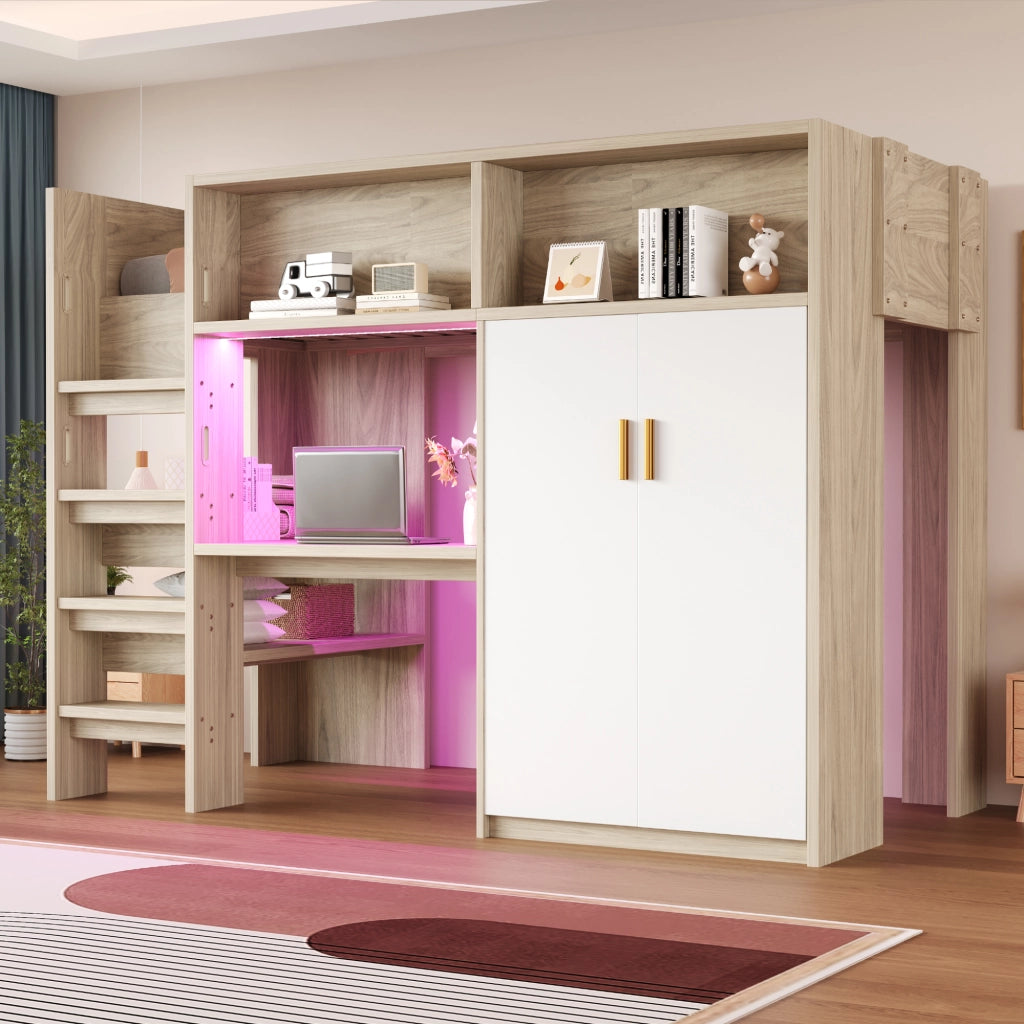 Letto a soppalco matrimoniale 90×200 cm con scrivania; armadio; ripiani e LED; rete inclusa; senza materasso