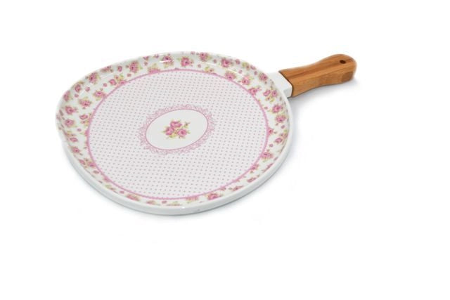 Paletta Vassoio in Porcellana con Manico in Legno Decoro Rose 24 cm