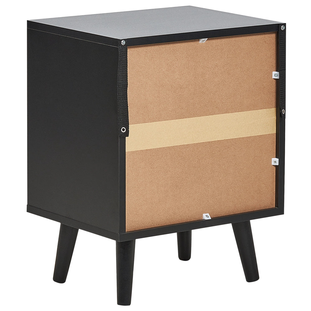 Comodino a 2 cassetti Legno di manifattura nero con cassetti frontali in rattan Comodino con gambe in legno di gomma nero Camera da letto in stile Boho
