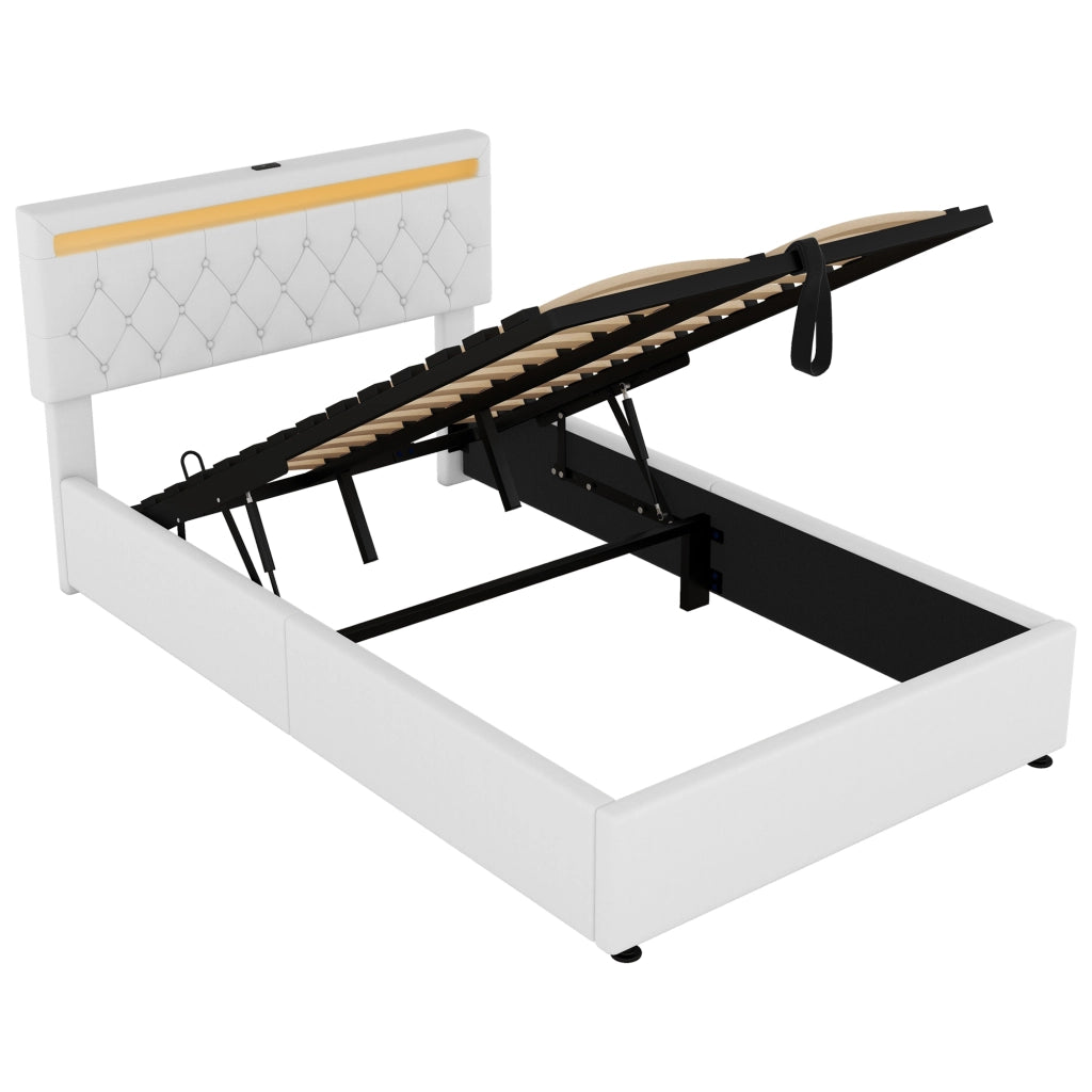 Letto Contenitore 140x200 cm; Letto Matrimoniale; LED; USB e Type-C; in Lino; Bianco