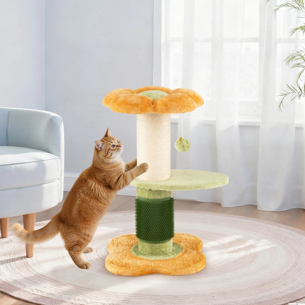 Albero per gatti 69 cm a forma di fiore con piedistallo imbottito in pile, Albero per gatti tiragraffi in sisal pallina appesa -Alberi Tiragraffi