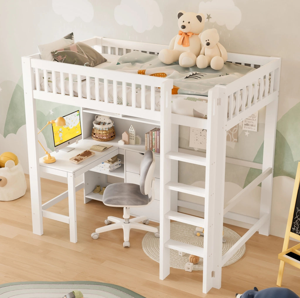 Letto a soppalco 90x200 cm con scrivania e 3 cassetti bianco