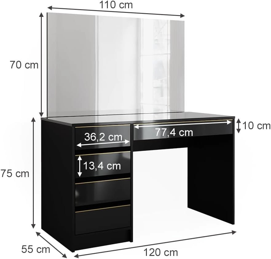 Vicco Tavolo da toilette Sherry, Nero/oro, 120 cm con specchio, con specchio rettangolare per l’uso quotidiano