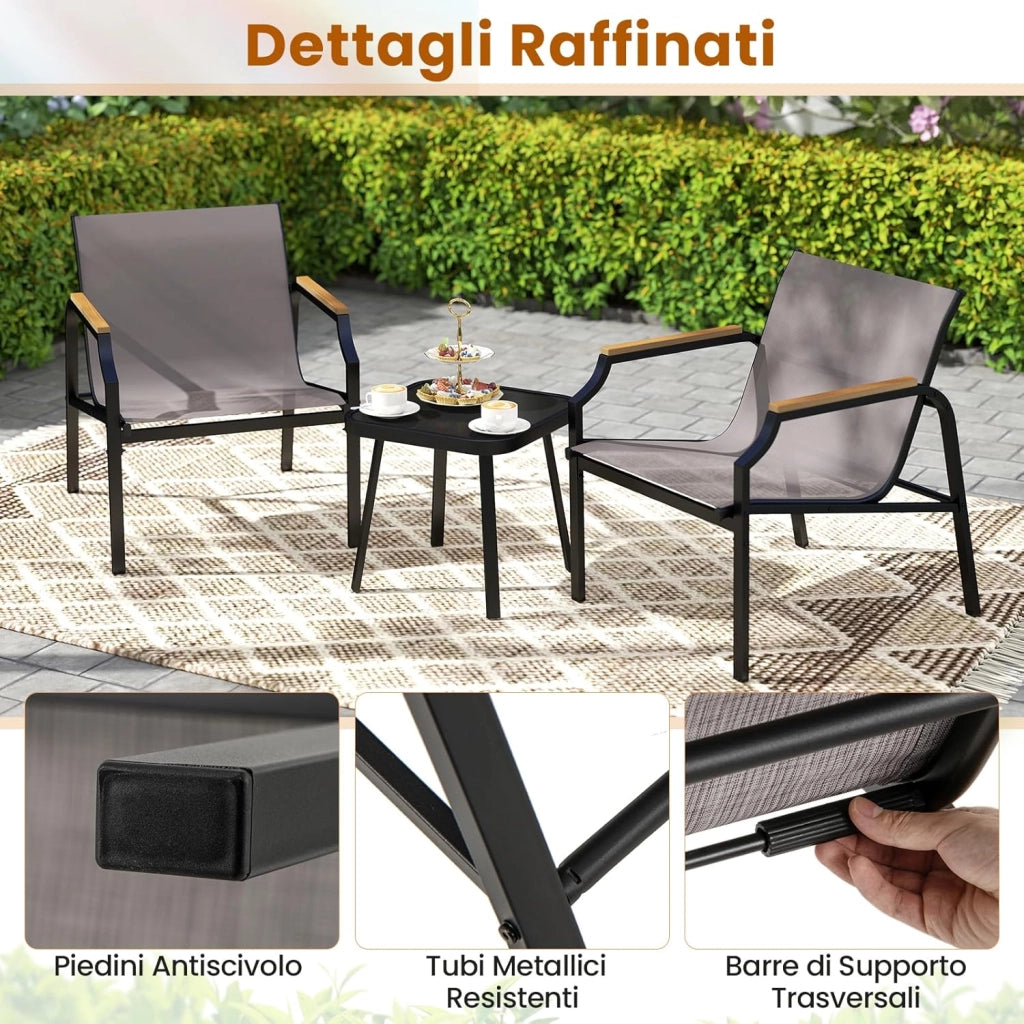 Set da Giardino a 3 Pezzi, Set Mobile da Esterno con Talaio in Metallo, Poltrona e Tavolino Quadrato, Set da Bistro con 2 Poltrone, per Giardino Cortile Piscina