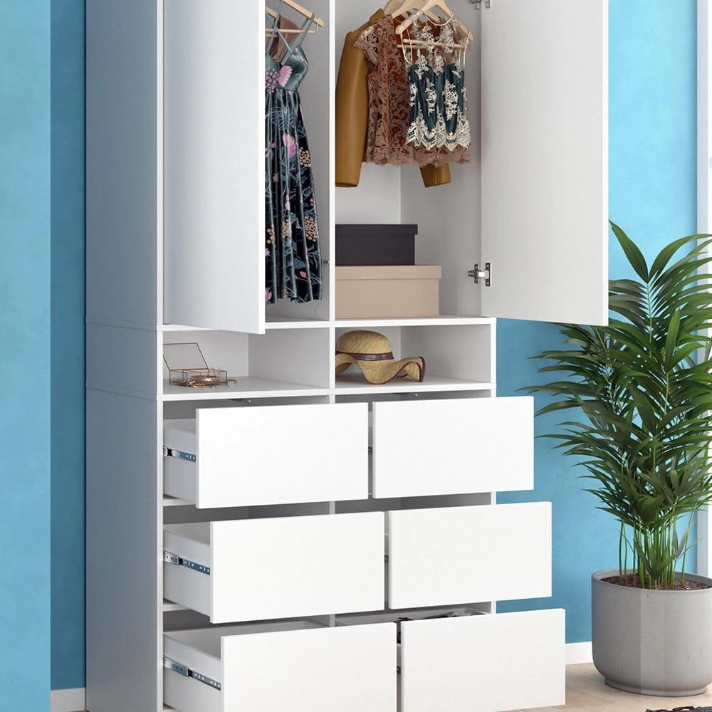 Armadio Naara, Bianco, 98.6 x 200 cm con cassetti